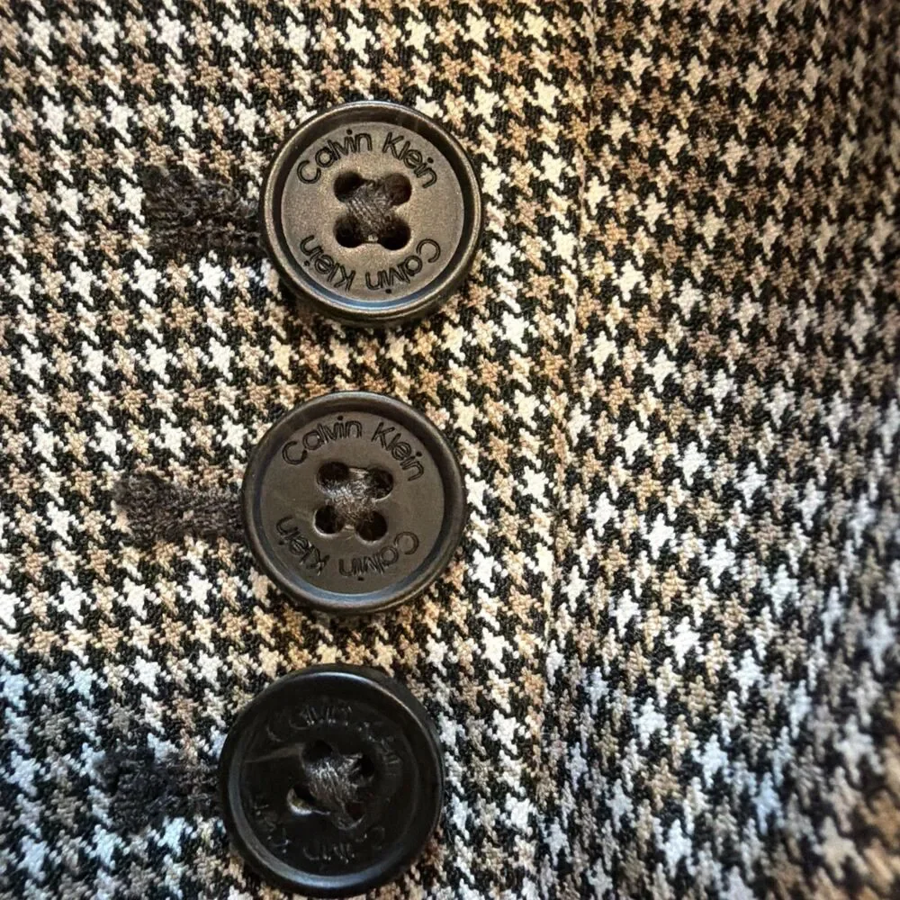 Calvin Klein Womens Brown Houndstooth Grid Plaid Blazer Jacket Single Button 24W - Picture 12 of 16